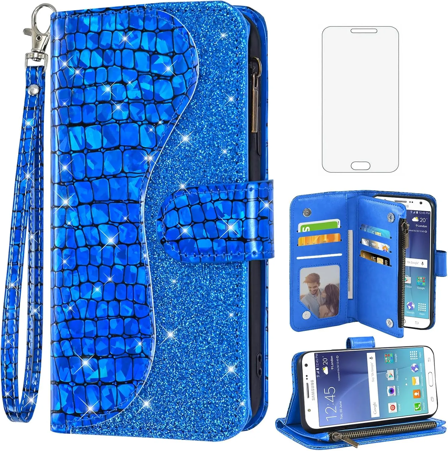 Phone Case for Samsung Galaxy J7 2015/J7 Neo/J7 Nxt/J7 Core/7J Duos Wallet Cover with Tempered Glass Screen Protector Bling Glitter Flip Zipper Card Holder Cell SM J700 J700P J700T J00T1 J700M Blue
