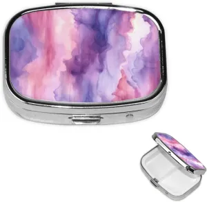 Pill Case with Mirror Retro 2 Compartment Pill Box Abstract Watercolor Purple Small Pill Organizer for Purse or Pocket Decorative Metal Medicine Vitamin Organizer Unique Gifts
