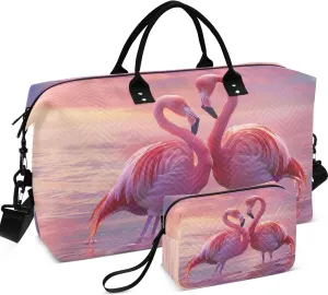 Pink Flamingos Lovebirds Duffle Travel Bags Toiletry Bag Set of 2, Cute Print Women Luggage Bags Weekender Bag