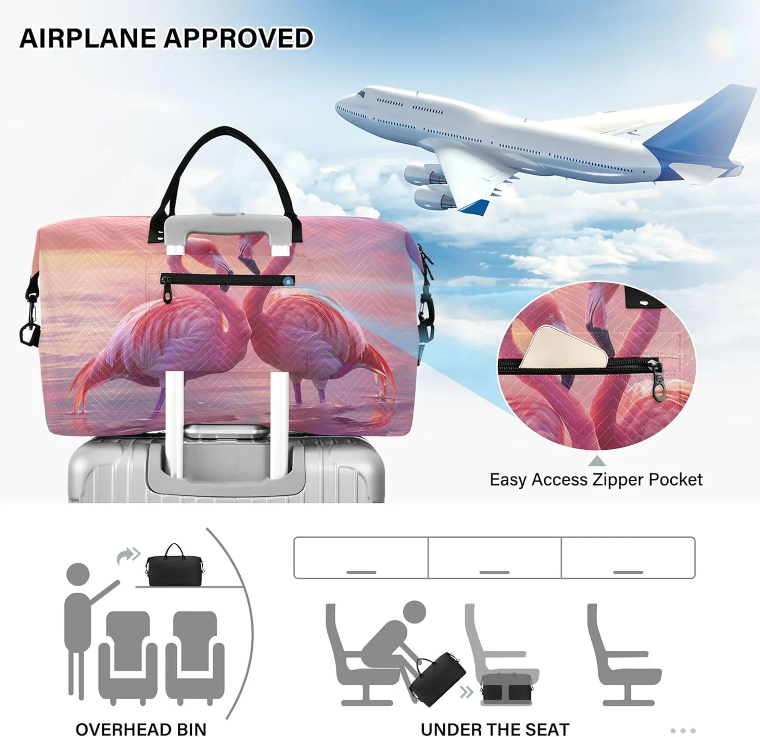 Pink Flamingos Lovebirds Duffle Travel Bags Toiletry Bag Set of 2, Cute Print Women Luggage Bags Weekender Bag