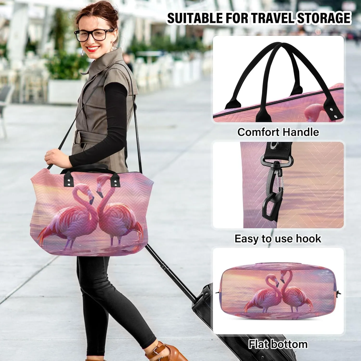 Pink Flamingos Lovebirds Duffle Travel Bags Toiletry Bag Set of 2, Cute Print Women Luggage Bags Weekender Bag