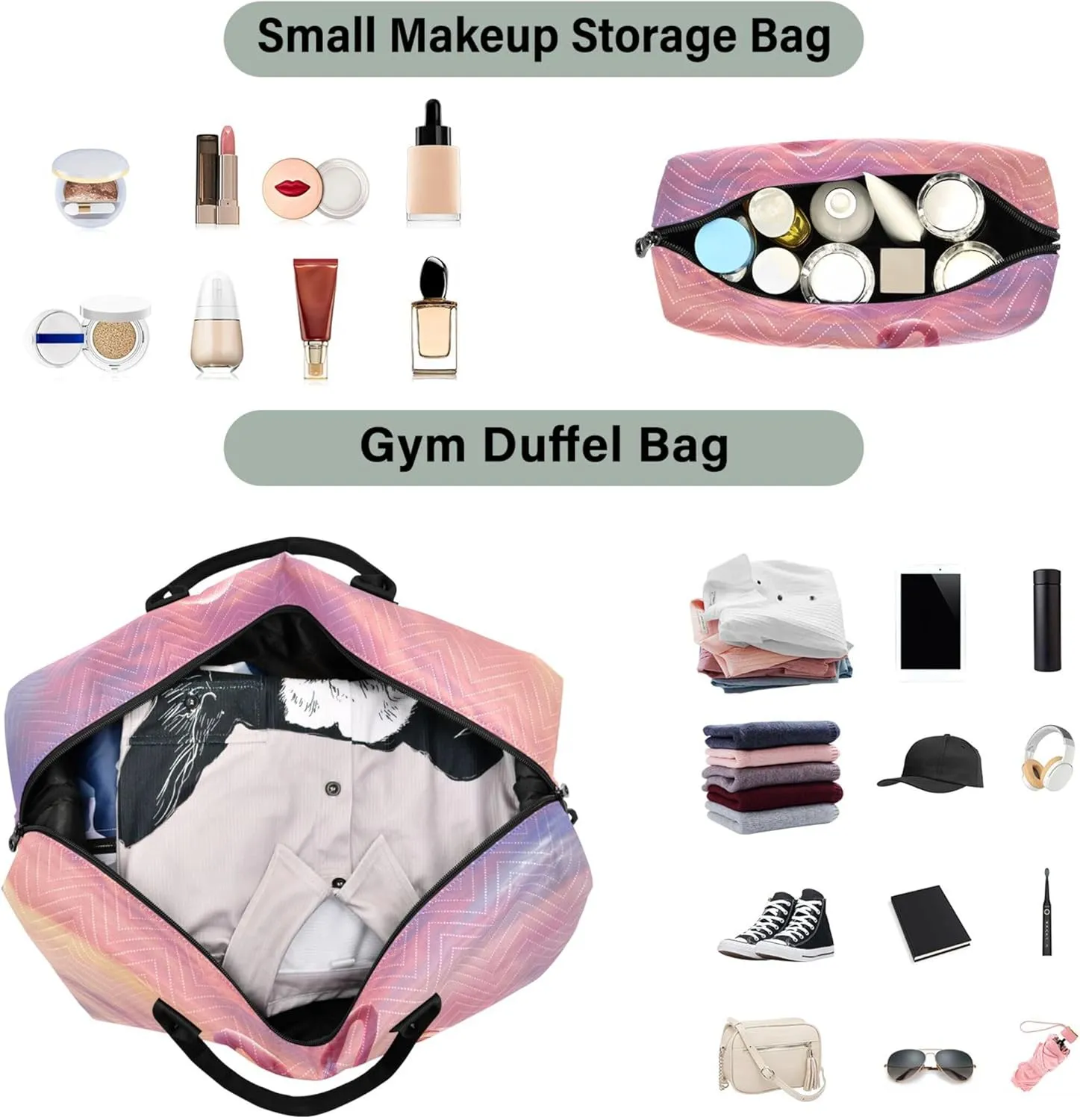 Pink Flamingos Lovebirds Duffle Travel Bags Toiletry Bag Set of 2, Cute Print Women Luggage Bags Weekender Bag