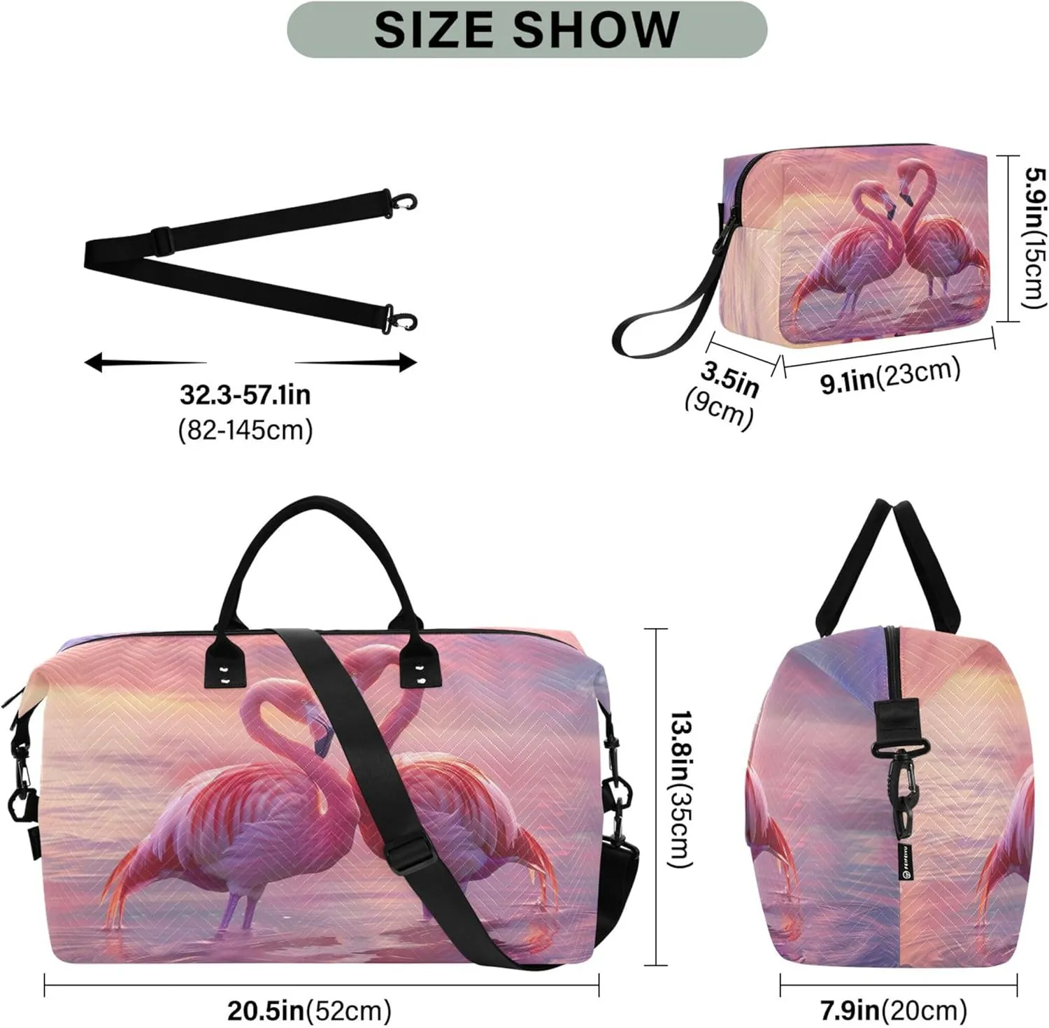 Pink Flamingos Lovebirds Duffle Travel Bags Toiletry Bag Set of 2, Cute Print Women Luggage Bags Weekender Bag
