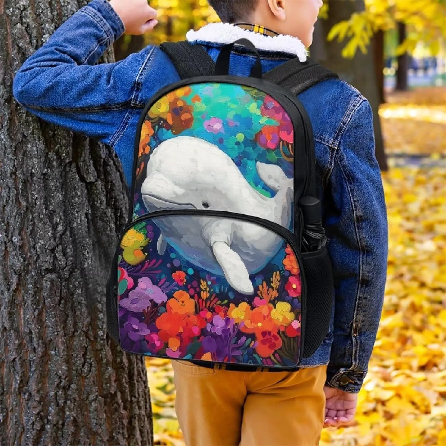 PinUp Angel Beluga Print Kids Backpack for Girls Cute Art Oil Painting Animal Patterned Backpacks for Teen Boys Elementary Bookbag School Bag