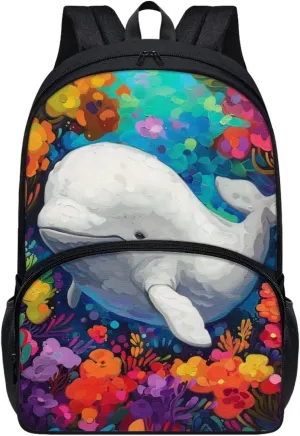 PinUp Angel Beluga Print Kids Backpack for Girls Cute Art Oil Painting Animal Patterned Backpacks for Teen Boys Elementary Bookbag School Bag