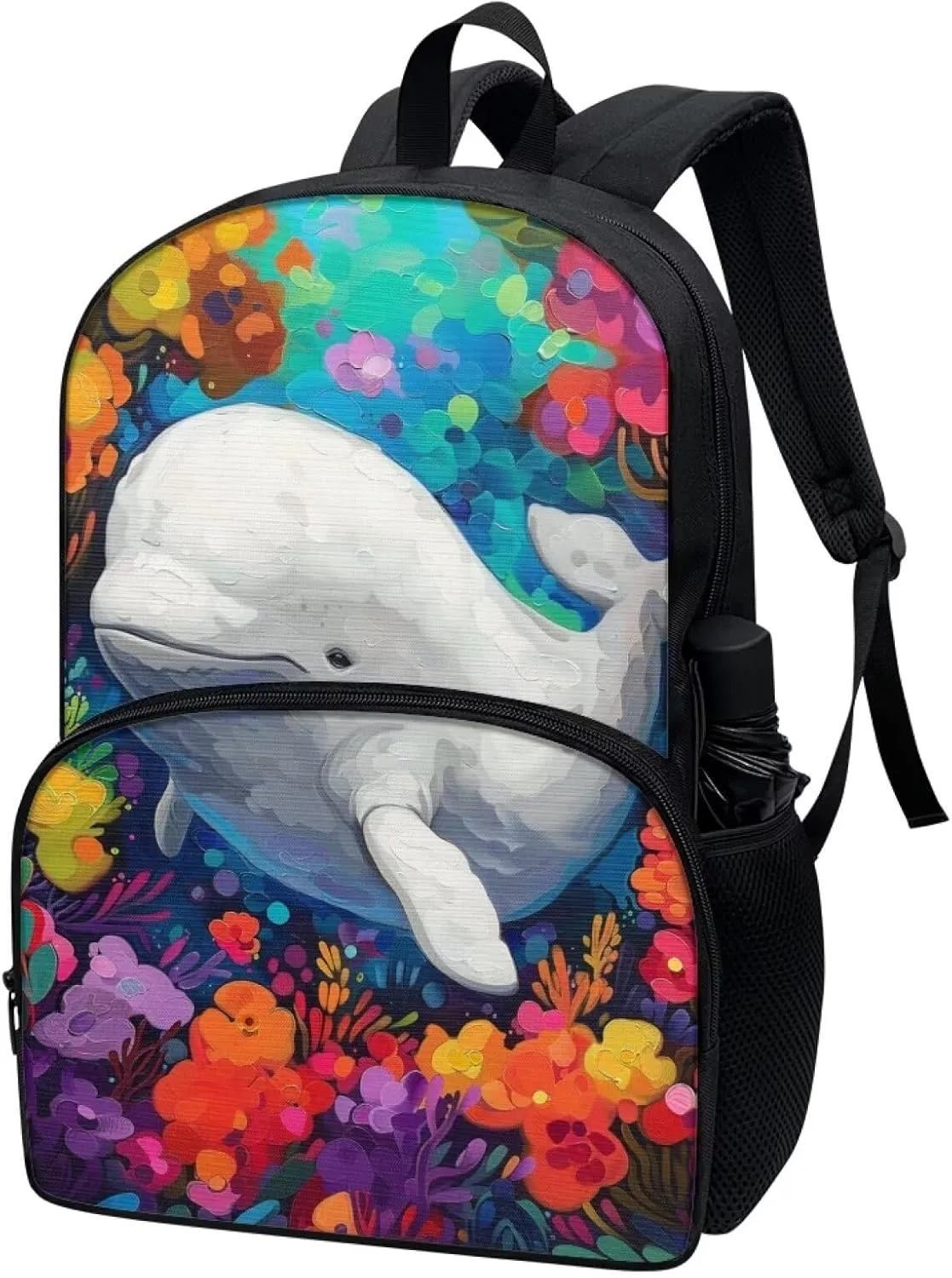 PinUp Angel Beluga Print Kids Backpack for Girls Cute Art Oil Painting Animal Patterned Backpacks for Teen Boys Elementary Bookbag School Bag
