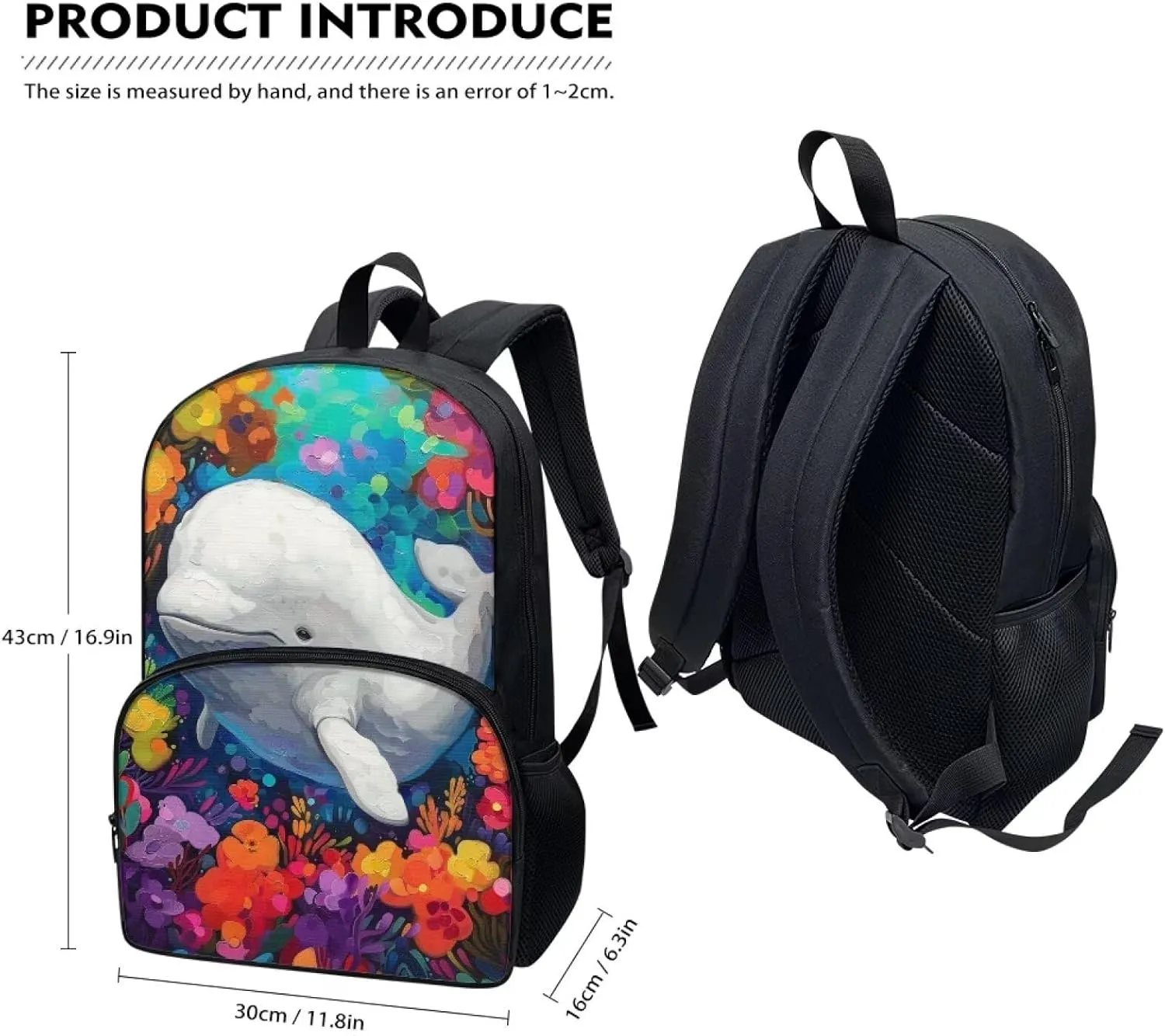 PinUp Angel Beluga Print Kids Backpack for Girls Cute Art Oil Painting Animal Patterned Backpacks for Teen Boys Elementary Bookbag School Bag