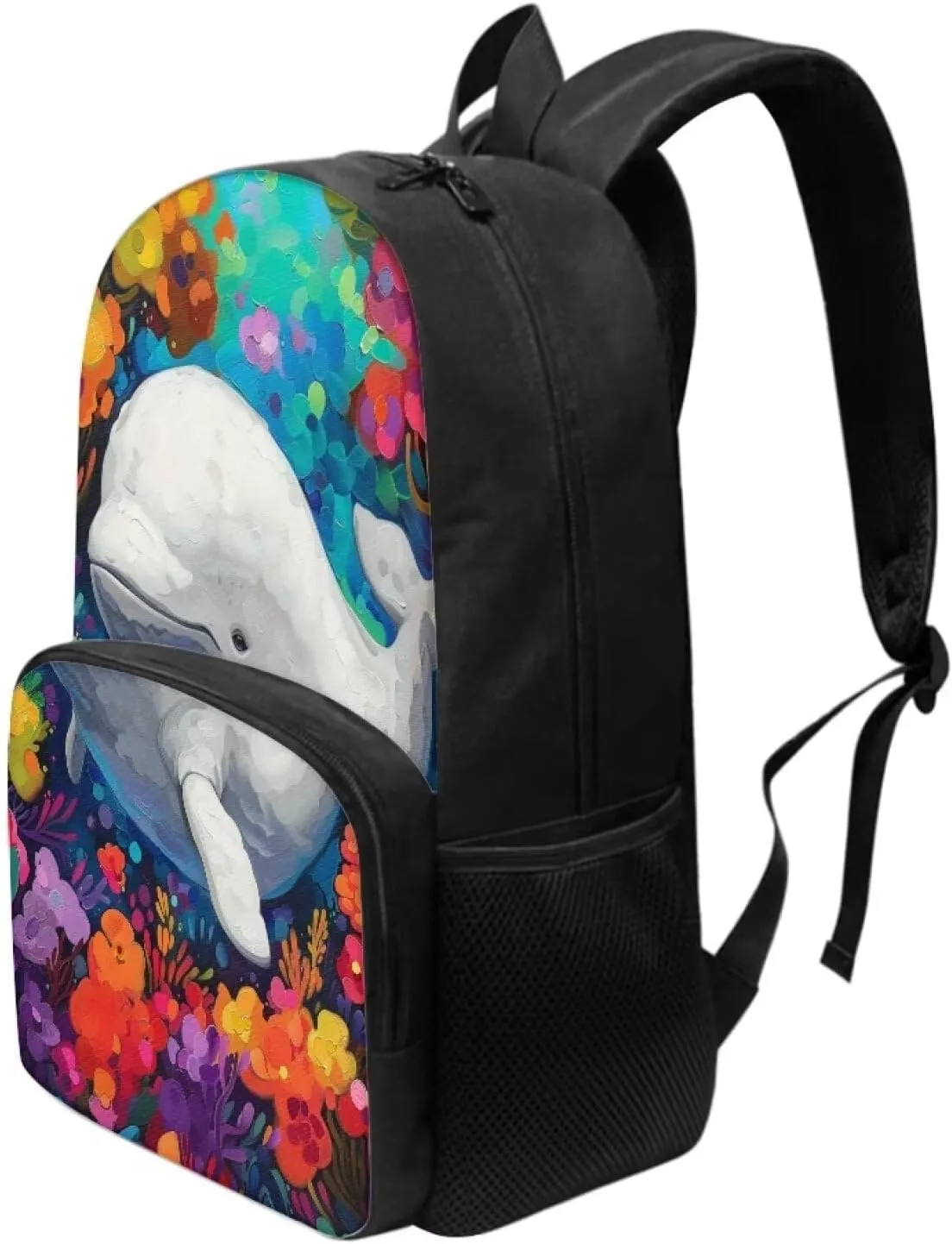 PinUp Angel Beluga Print Kids Backpack for Girls Cute Art Oil Painting Animal Patterned Backpacks for Teen Boys Elementary Bookbag School Bag