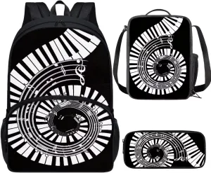 PinUp Angel Black White Musical Piano Print Cute Backpacks Sets with Pencil Bag Lunch Bag for Girls Boys, Kids Travel Backpack School Bags Bookbag Gift