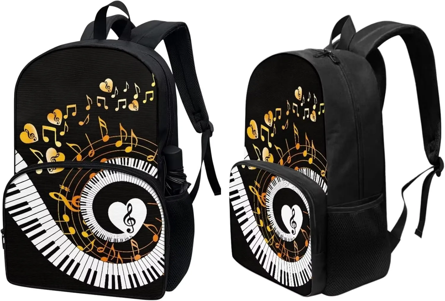 PinUp Angel Black White Yellow Musical Notation Print Cute Patterned Backpack With Pencil Bag and Lunch Bag for Boys Girls, Kids Backpacks for Elementary School with Adjustable Padded Straps