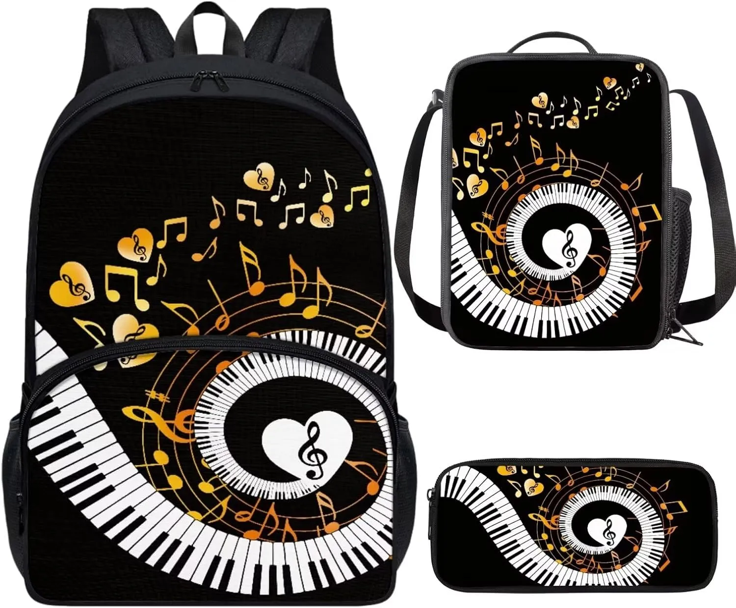 PinUp Angel Black White Yellow Musical Notation Print Cute Patterned Backpack With Pencil Bag and Lunch Bag for Boys Girls, Kids Backpacks for Elementary School with Adjustable Padded Straps