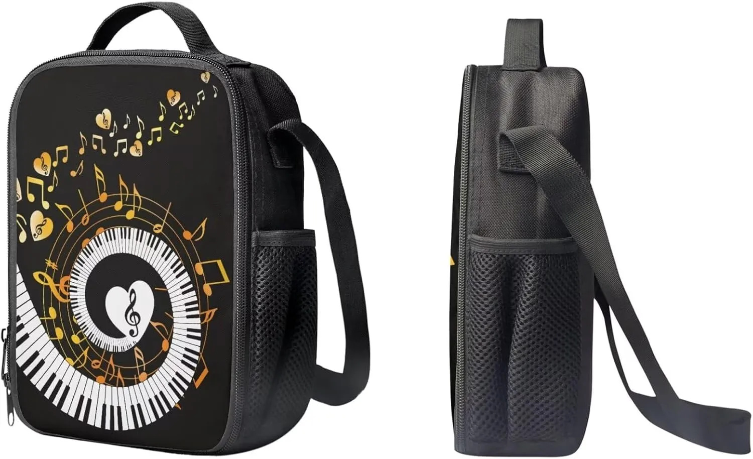 PinUp Angel Black White Yellow Musical Notation Print Cute Patterned Backpack With Pencil Bag and Lunch Bag for Boys Girls, Kids Backpacks for Elementary School with Adjustable Padded Straps