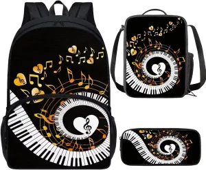 PinUp Angel Black White Yellow Musical Notation Print Cute Patterned Backpack With Pencil Bag and Lunch Bag for Boys Girls, Kids Backpacks for Elementary School with Adjustable Padded Straps