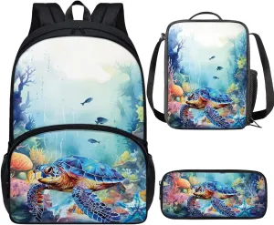 PinUp Angel Blue Sea Turtle Print Cute Backpacks Sets with Pencil Bag Lunch Bag for Girls Boys, Kids Travel Backpack School Bags Bookbag Gift