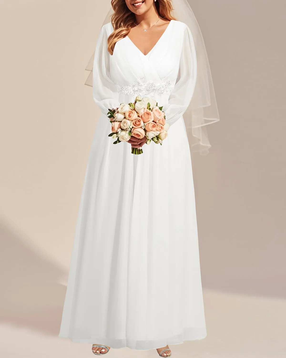 Pinup Fashion Women Plus Size Formal Dresses - Long Sleeve Evening Gown Applique Chiffon Maxi Dress