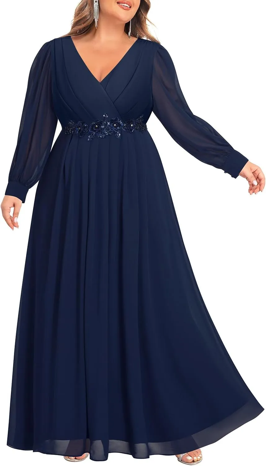 Pinup Fashion Women Plus Size Formal Dresses - Long Sleeve Evening Gown Applique Chiffon Maxi Dress