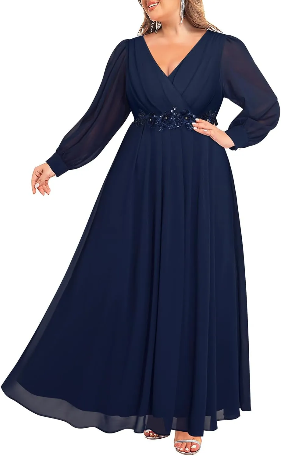 Pinup Fashion Women Plus Size Formal Dresses - Long Sleeve Evening Gown Applique Chiffon Maxi Dress