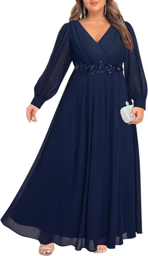Pinup Fashion Women Plus Size Formal Dresses - Long Sleeve Evening Gown Applique Chiffon Maxi Dress