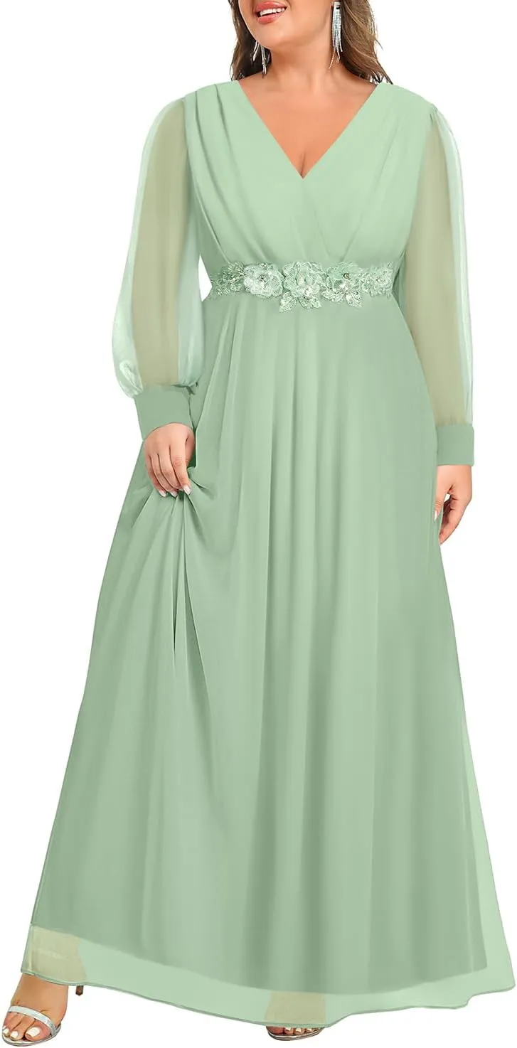 Pinup Fashion Women Plus Size Formal Dresses - Long Sleeve Evening Gown Applique Chiffon Maxi Dress