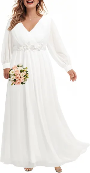 Pinup Fashion Women Plus Size Formal Dresses - Long Sleeve Evening Gown Applique Chiffon Maxi Dress