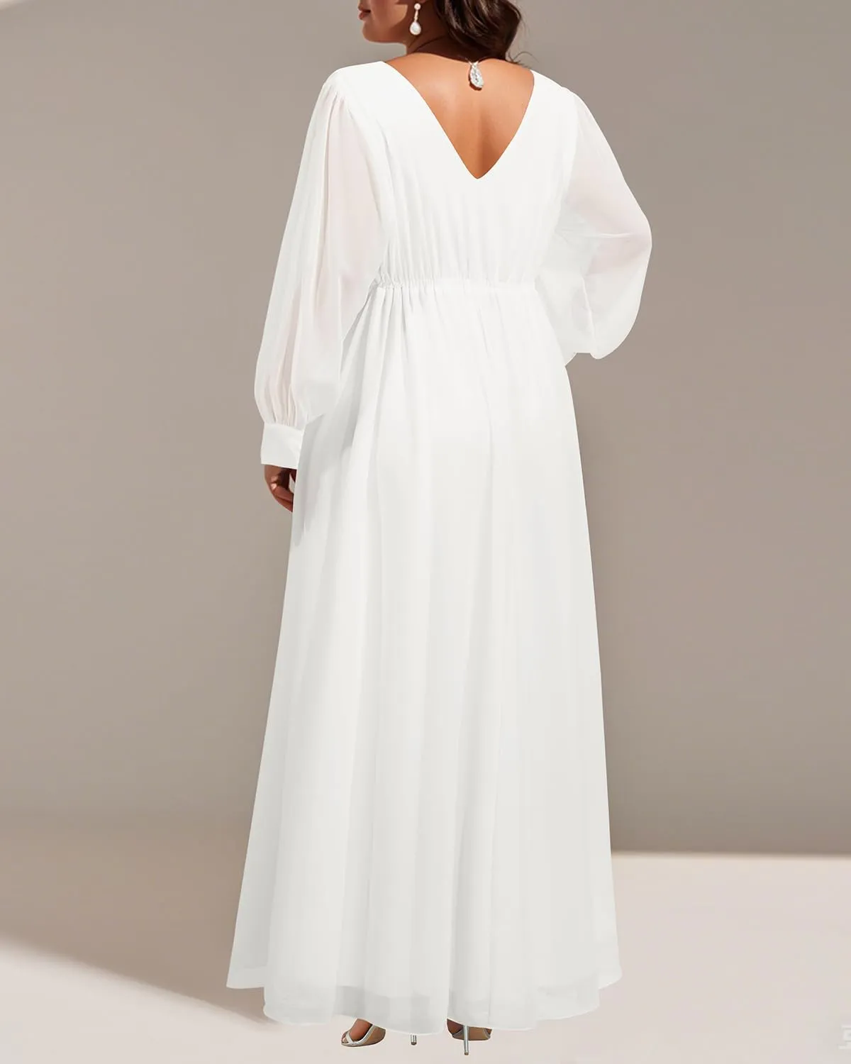 Pinup Fashion Women Plus Size Formal Dresses - Long Sleeve Evening Gown Applique Chiffon Maxi Dress