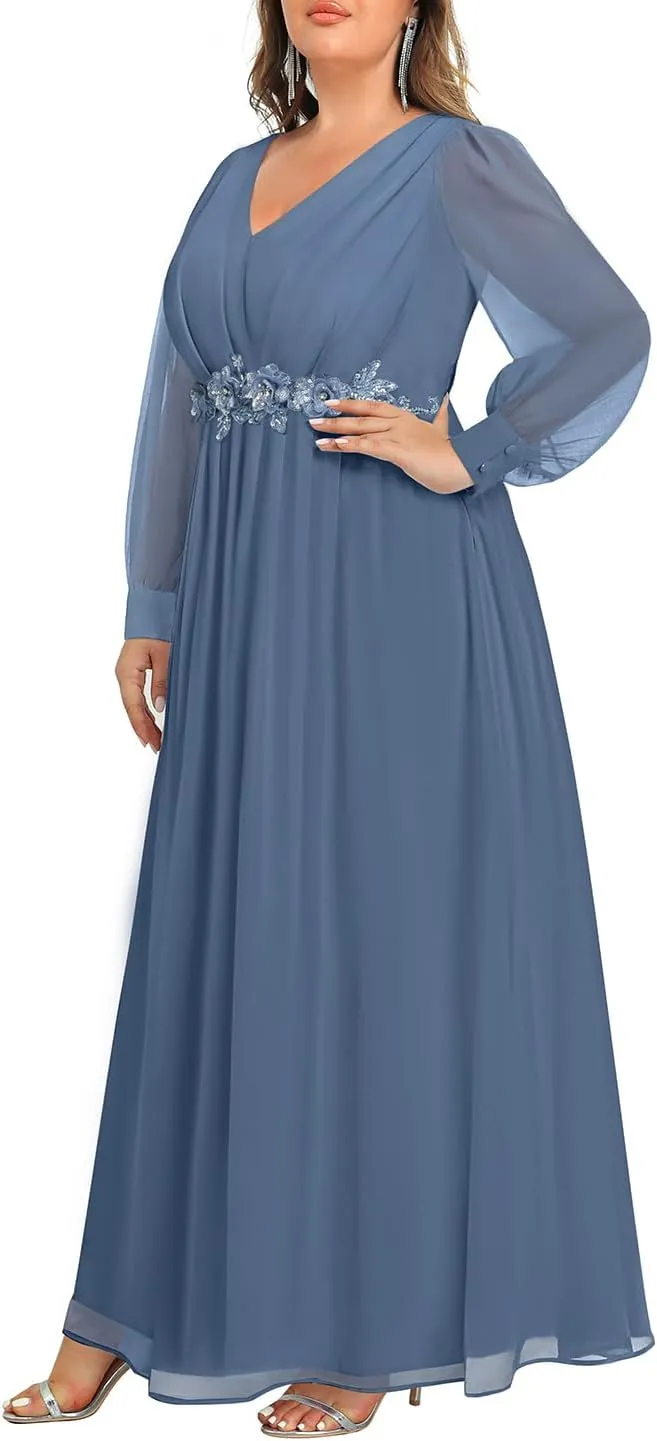 Pinup Fashion Women Plus Size Formal Dresses - Long Sleeve Evening Gown Applique Chiffon Maxi Dress