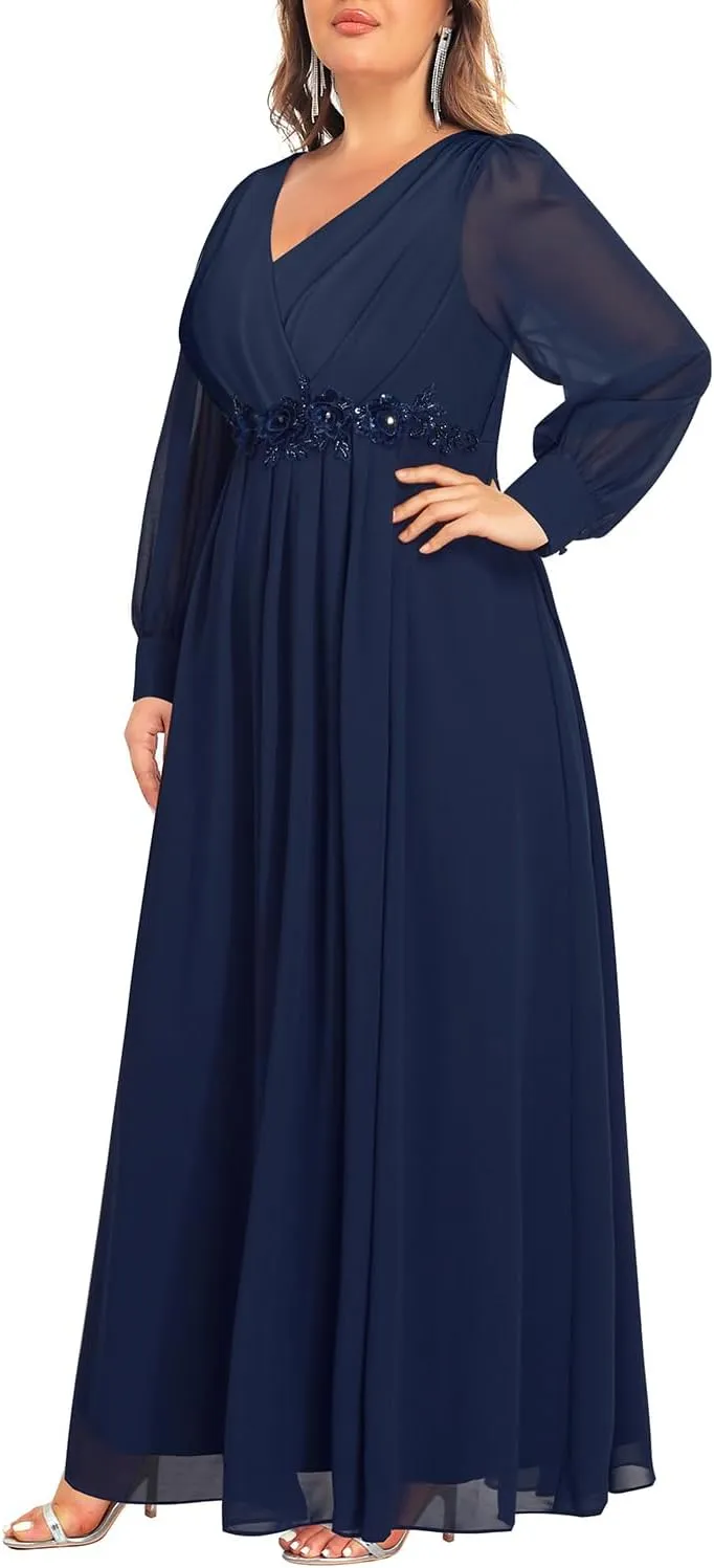 Pinup Fashion Women Plus Size Formal Dresses - Long Sleeve Evening Gown Applique Chiffon Maxi Dress