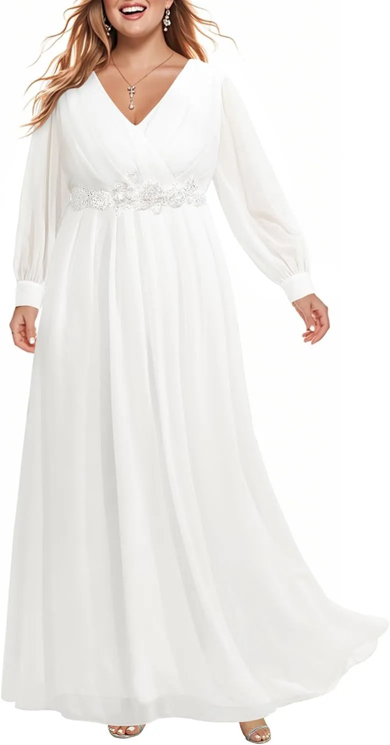 Pinup Fashion Women Plus Size Formal Dresses - Long Sleeve Evening Gown Applique Chiffon Maxi Dress