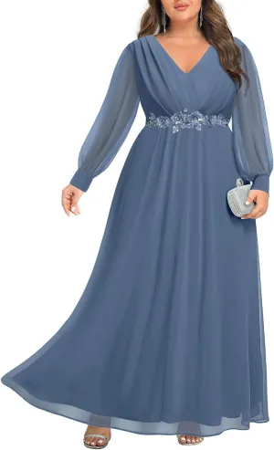 Pinup Fashion Women Plus Size Formal Dresses - Long Sleeve Evening Gown Applique Chiffon Maxi Dress