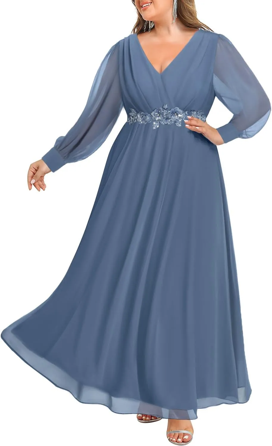 Pinup Fashion Women Plus Size Formal Dresses - Long Sleeve Evening Gown Applique Chiffon Maxi Dress