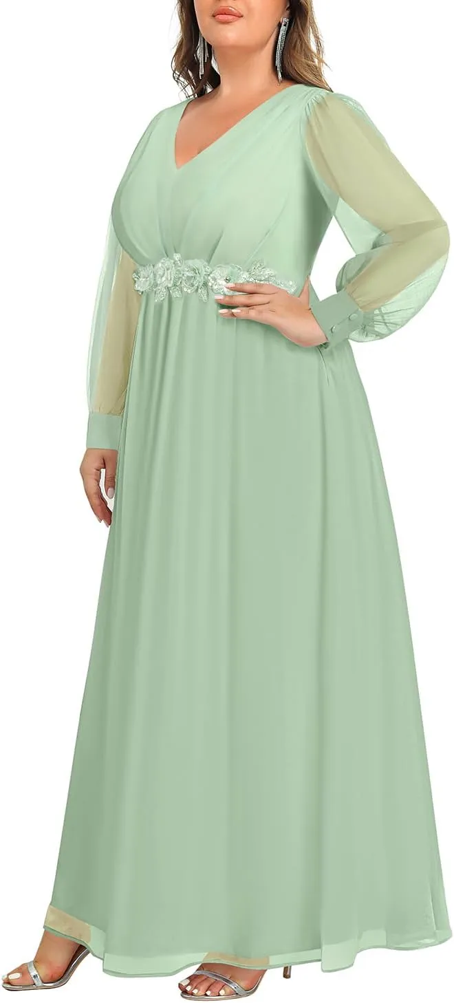 Pinup Fashion Women Plus Size Formal Dresses - Long Sleeve Evening Gown Applique Chiffon Maxi Dress