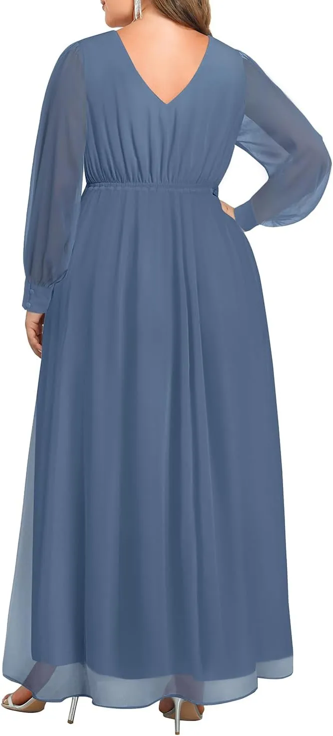 Pinup Fashion Women Plus Size Formal Dresses - Long Sleeve Evening Gown Applique Chiffon Maxi Dress