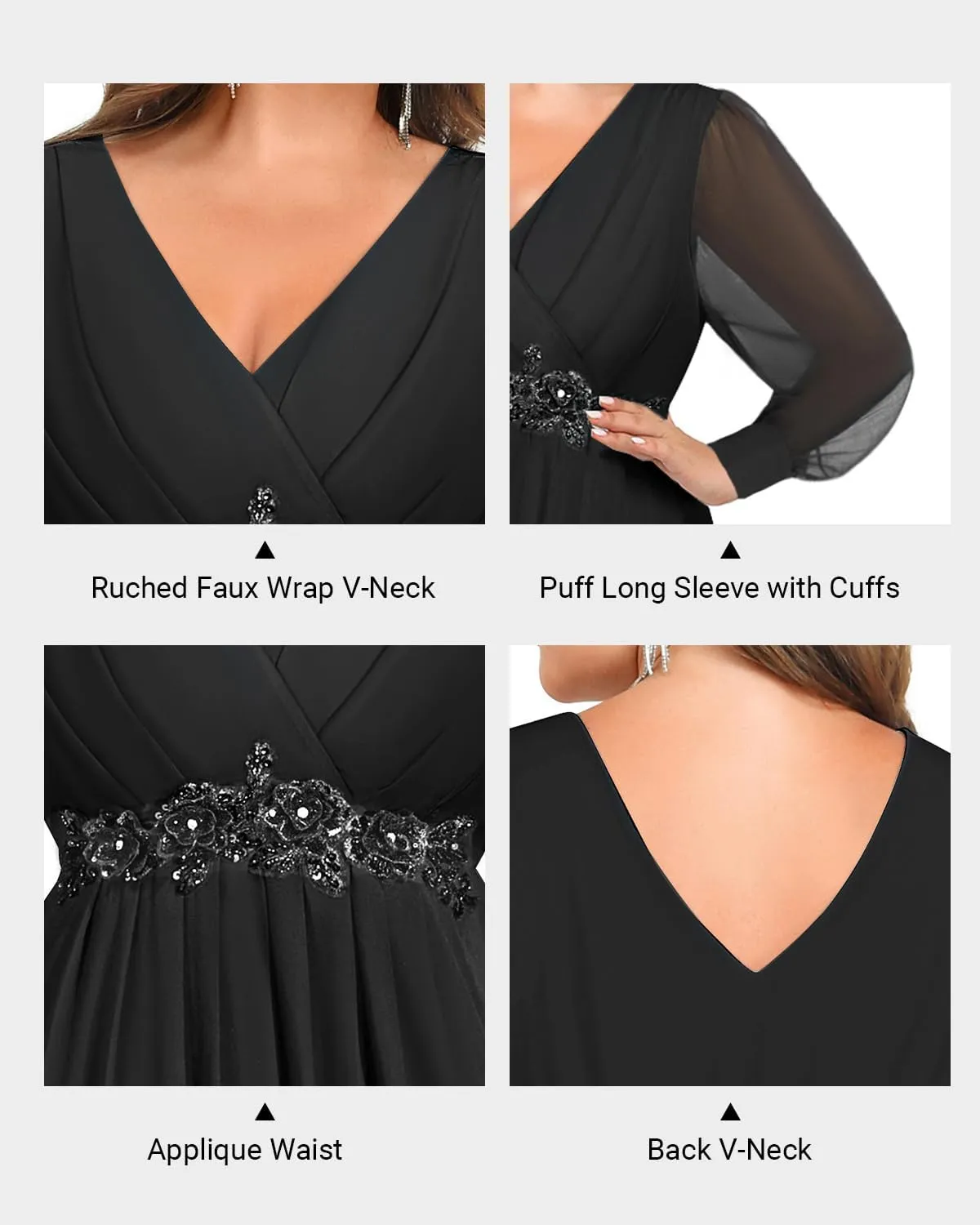 Pinup Fashion Women Plus Size Formal Dresses - Long Sleeve Evening Gown Applique Chiffon Maxi Dress