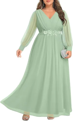 Pinup Fashion Women Plus Size Formal Dresses - Long Sleeve Evening Gown Applique Chiffon Maxi Dress