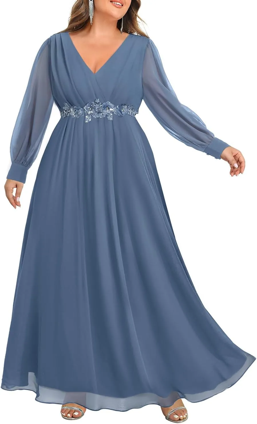 Pinup Fashion Women Plus Size Formal Dresses - Long Sleeve Evening Gown Applique Chiffon Maxi Dress