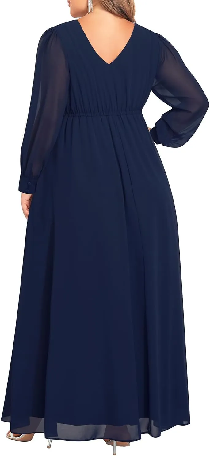 Pinup Fashion Women Plus Size Formal Dresses - Long Sleeve Evening Gown Applique Chiffon Maxi Dress