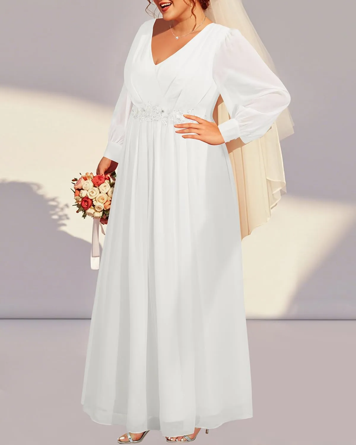 Pinup Fashion Women Plus Size Formal Dresses - Long Sleeve Evening Gown Applique Chiffon Maxi Dress