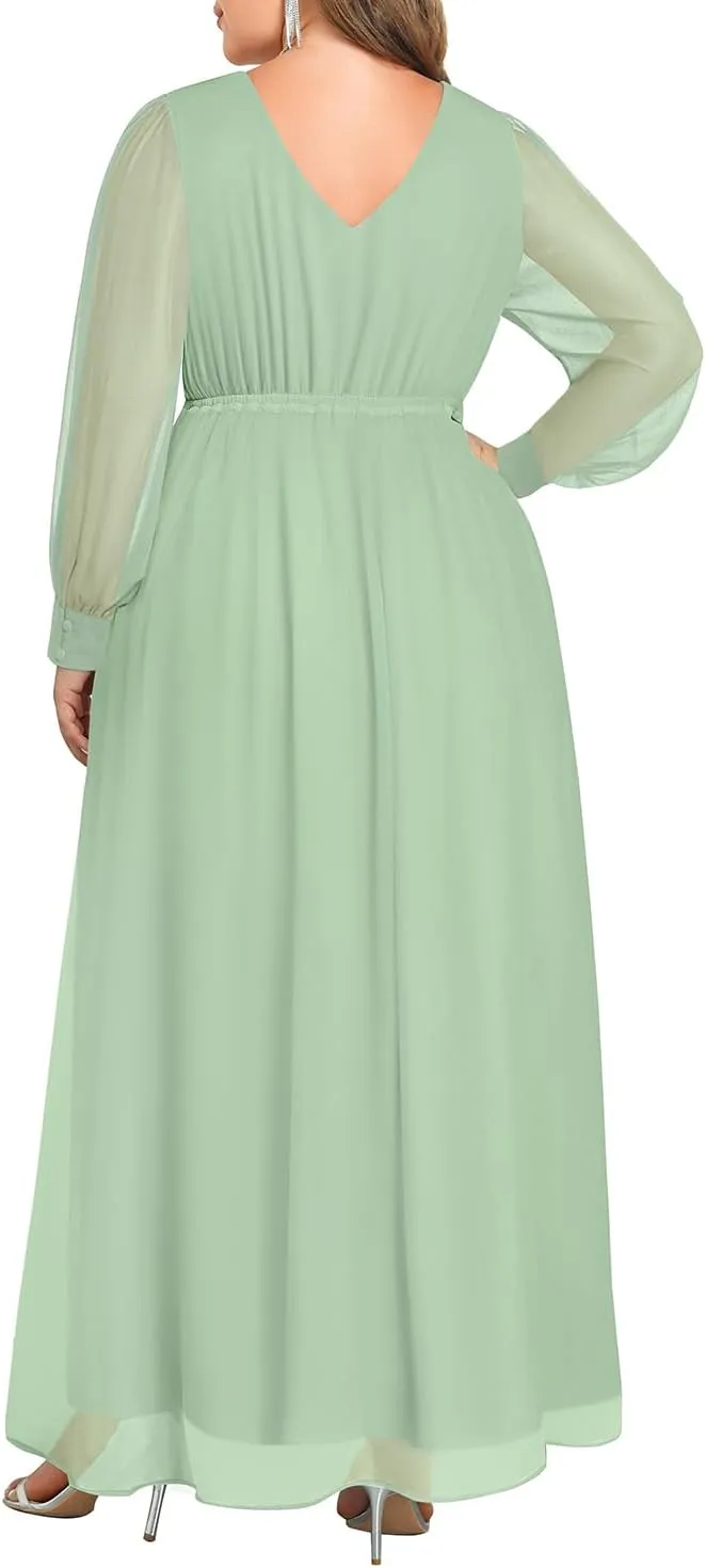 Pinup Fashion Women Plus Size Formal Dresses - Long Sleeve Evening Gown Applique Chiffon Maxi Dress