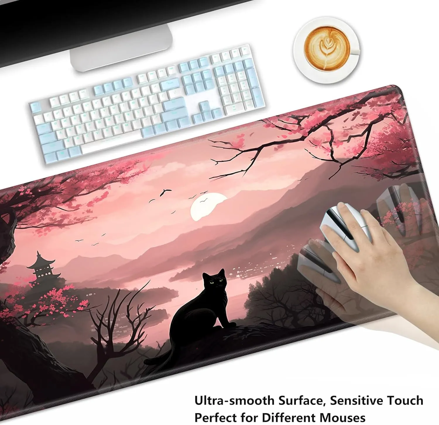 Playmat for MTG,Game Mat 27.5 x 15.74inches, Non Slip Rubber Backing TCG and Board Game Mat for Cards,Mousepad Desk Mats-Black Cat Tower