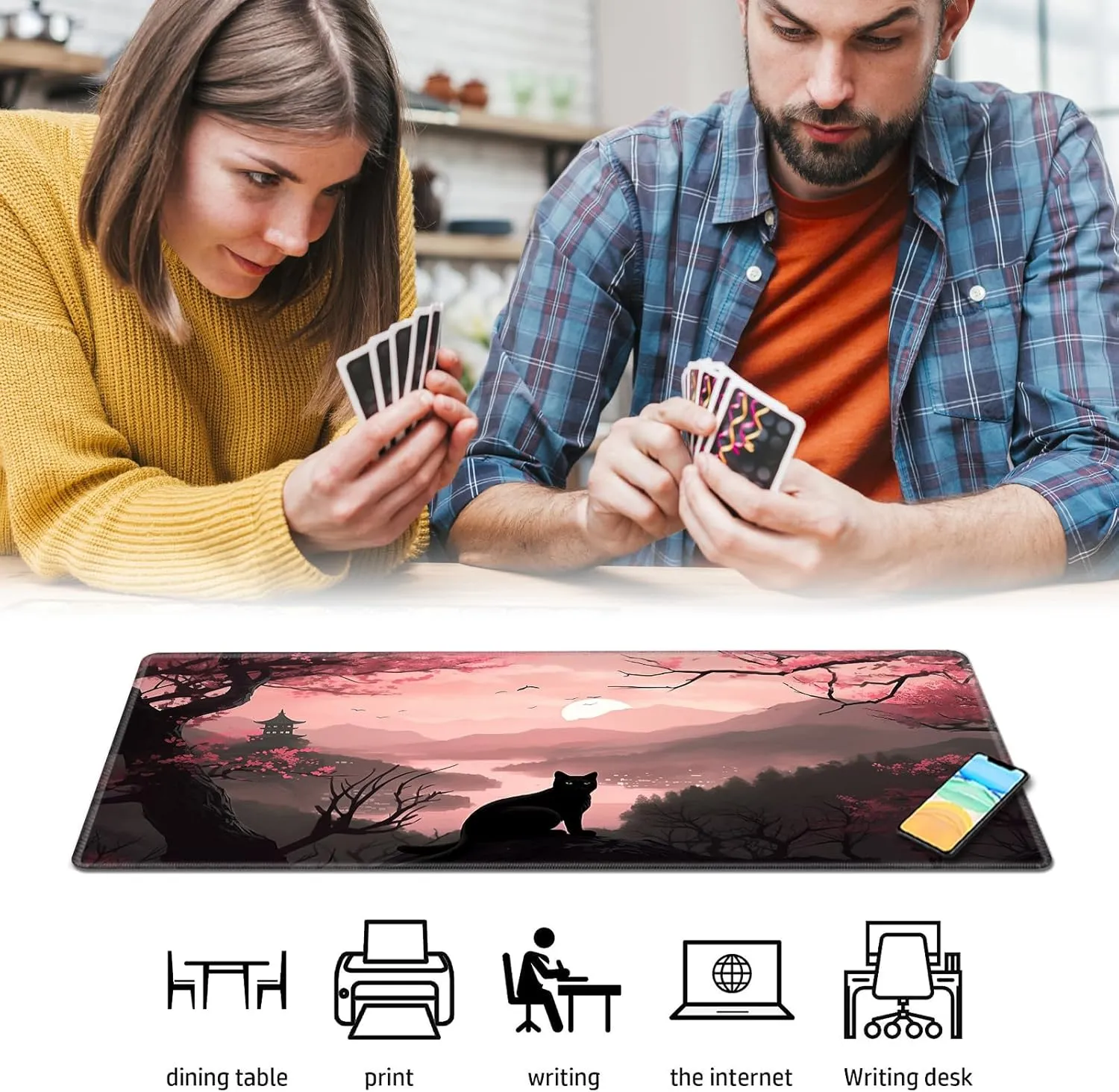 Playmat for MTG,Game Mat 27.5 x 15.74inches, Non Slip Rubber Backing TCG and Board Game Mat for Cards,Mousepad Desk Mats-Black Cat Tower