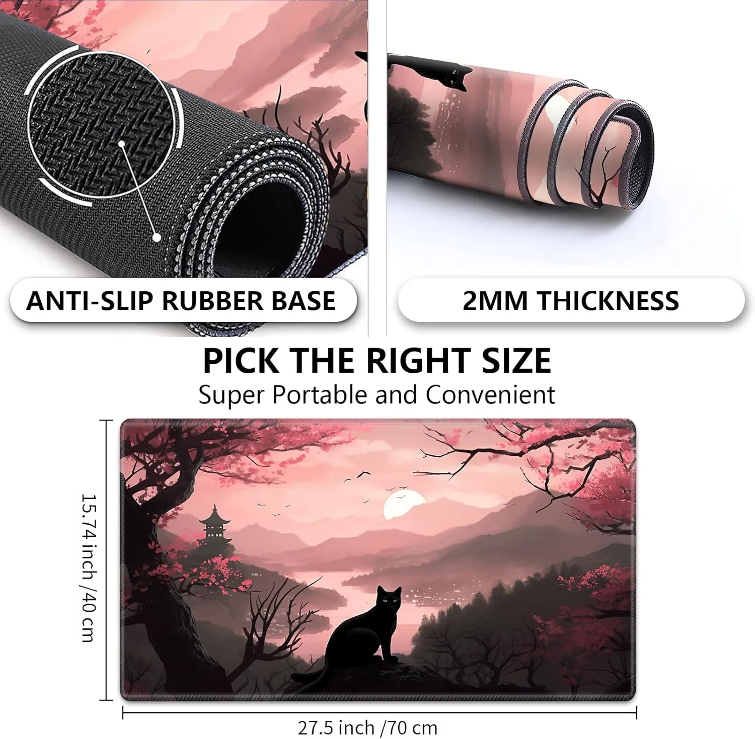 Playmat for MTG,Game Mat 27.5 x 15.74inches, Non Slip Rubber Backing TCG and Board Game Mat for Cards,Mousepad Desk Mats-Black Cat Tower