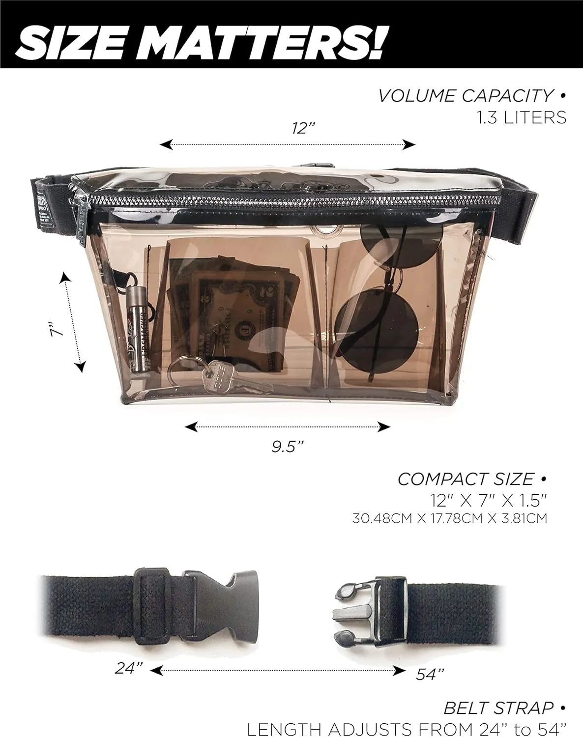 Plus Size Fanny Packs for Women – 80s/90s Large Bum Bag – Unisex Crossbody Waist Belt Bag for Travel, Festivals, Sports & Daily Use – Waist Belt Bag for Women | Smoke Crystal Clear