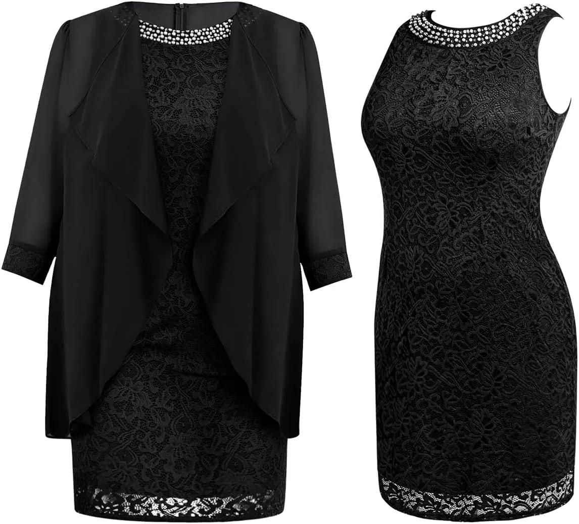 Plus Size Mother of The Bride Dress - 2 Piece Wedding Guest Formal Lace Dress with Jackets