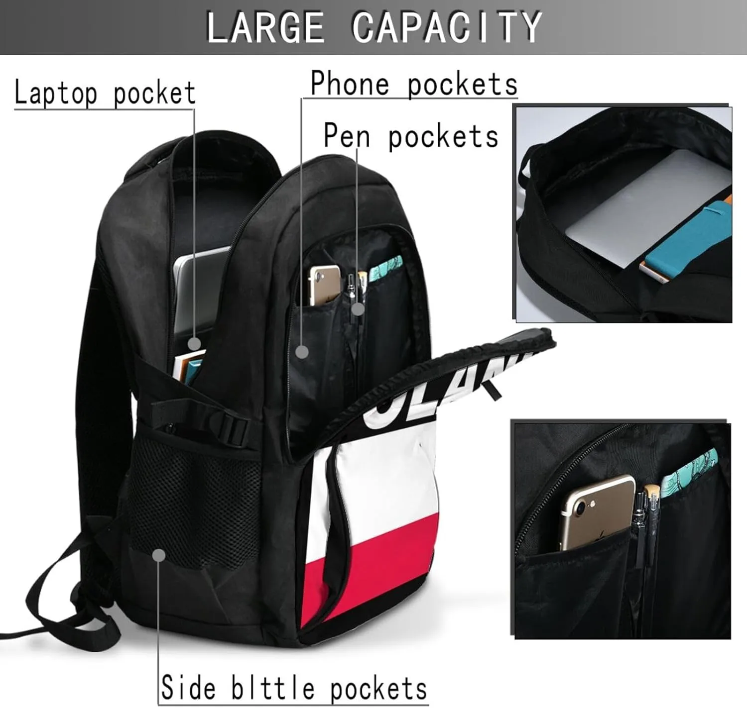 Polish Flag Poland Polska Flags Casual Travel Backpacks Hiking Camping Backpack Large Outdoor Sport Daypack Laptop Rucksack Climbing Working Bags with USB Port