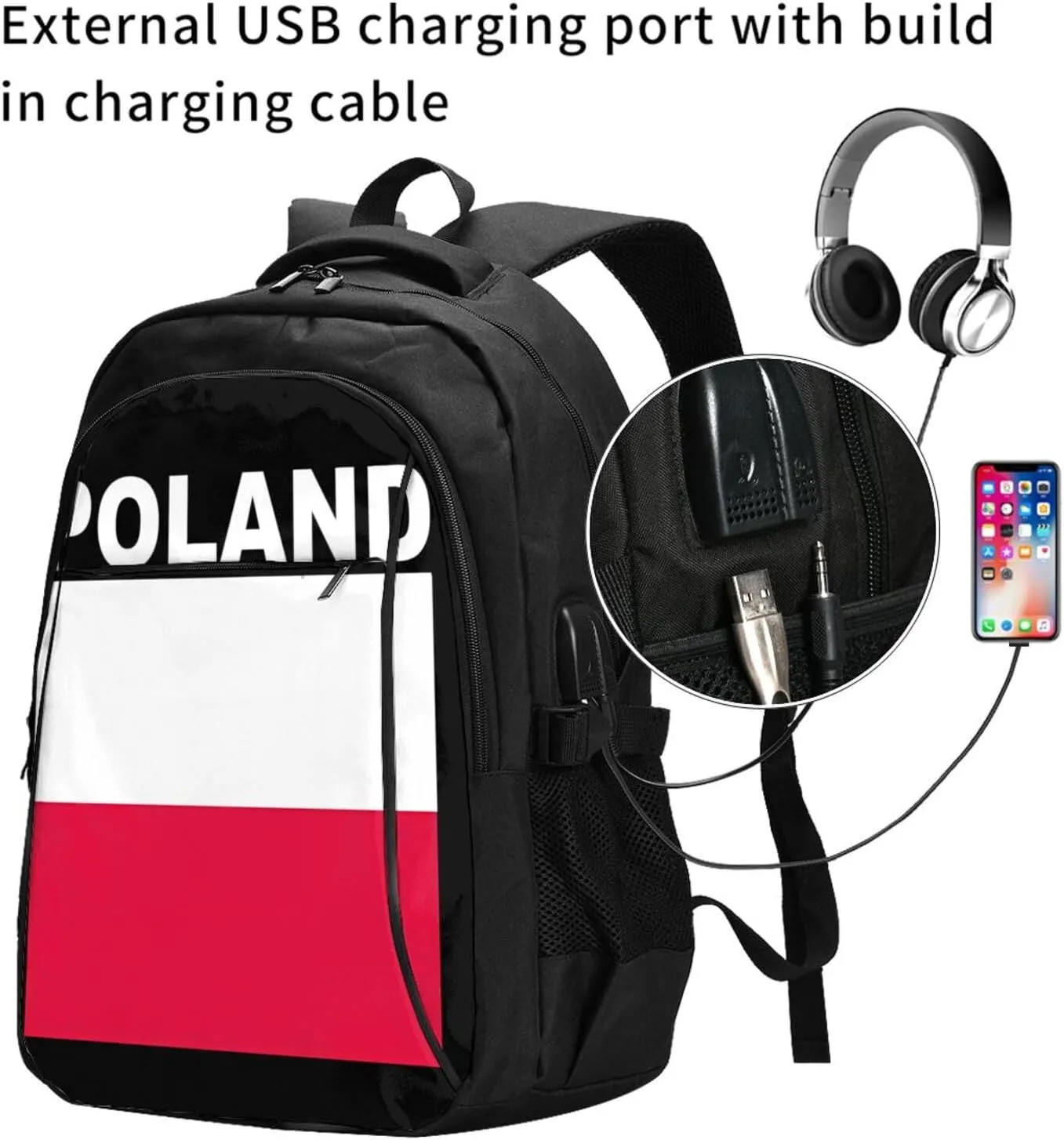 Polish Flag Poland Polska Flags Casual Travel Backpacks Hiking Camping Backpack Large Outdoor Sport Daypack Laptop Rucksack Climbing Working Bags with USB Port