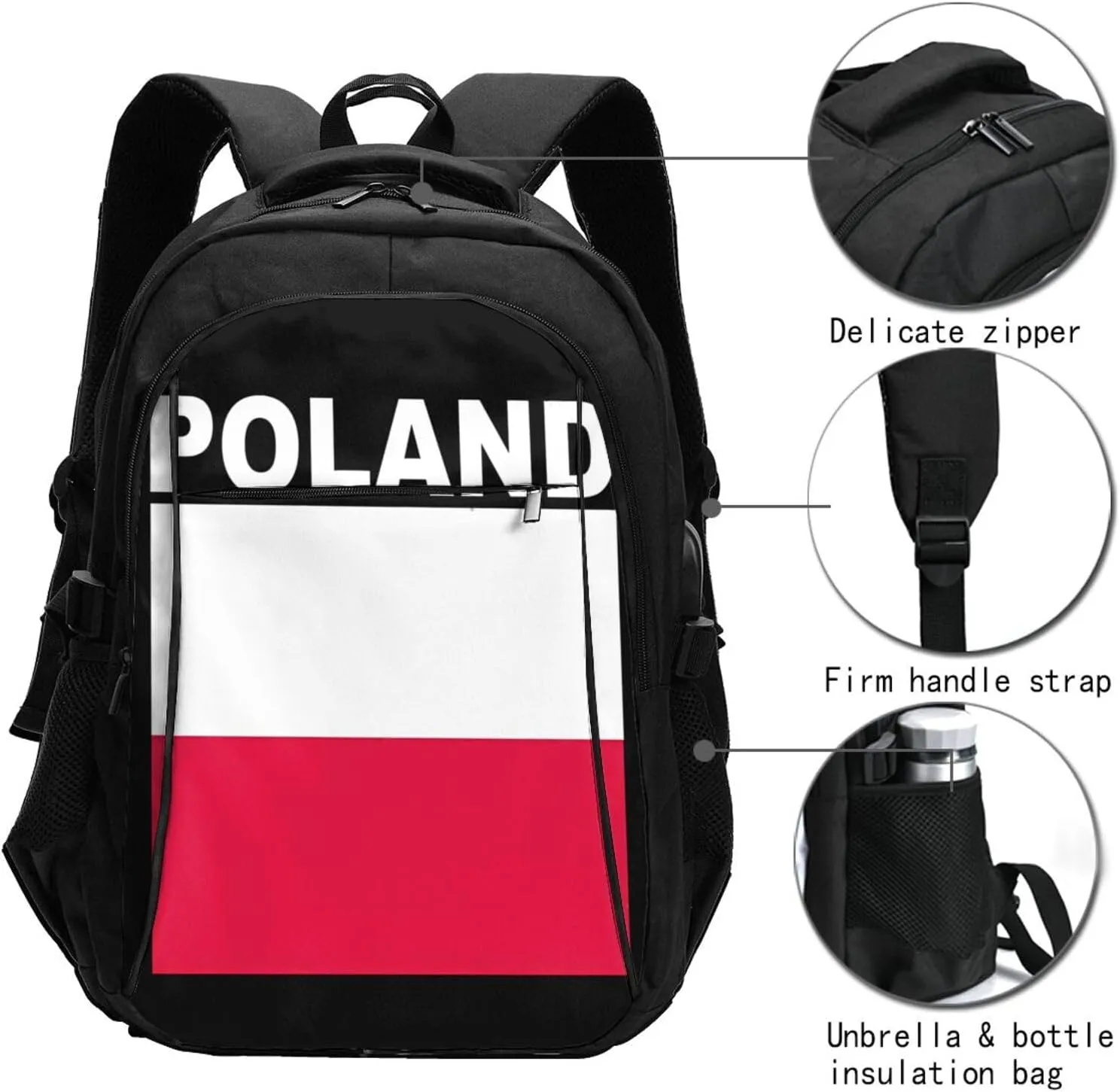Polish Flag Poland Polska Flags Casual Travel Backpacks Hiking Camping Backpack Large Outdoor Sport Daypack Laptop Rucksack Climbing Working Bags with USB Port
