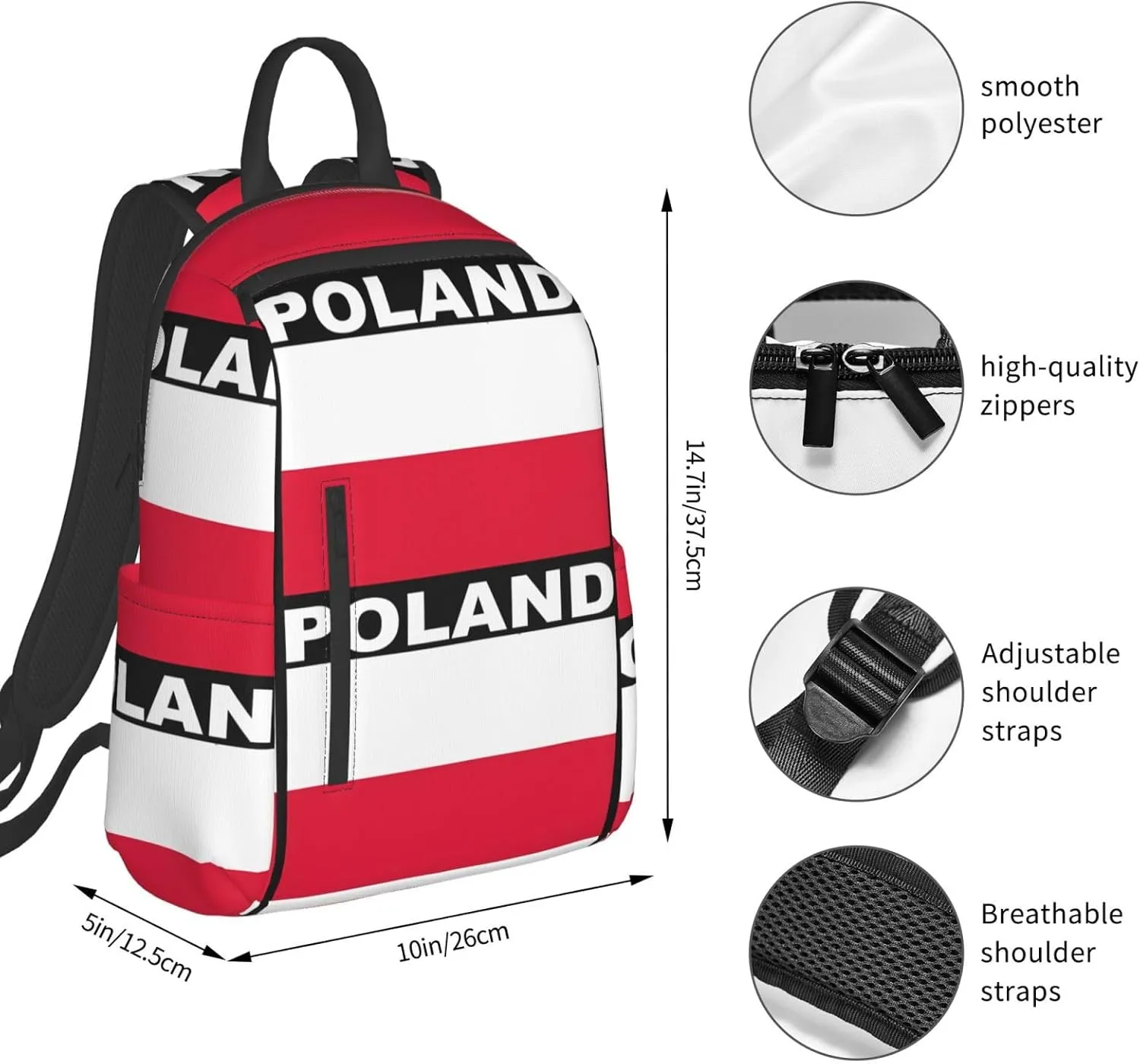 Polish Flag Poland Polska Flags Travel Backpacks Casual Laptop Backpack Sport Rucksack Large Capacity Daypack Multi-Pockets Adjustable Strap Bag for Working Hiking