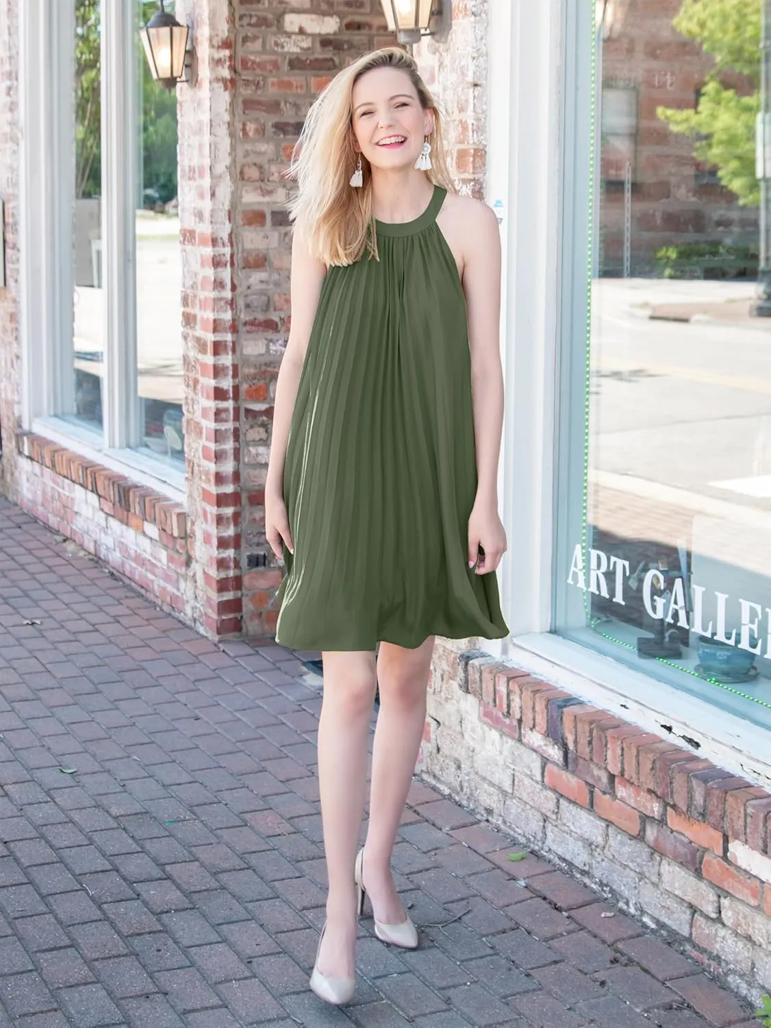 PRETTYGARDEN Women's Cute Halter Neck Sleeveless Mini Dress Solid Color Flowy Pleated Beach Dress Sundress
