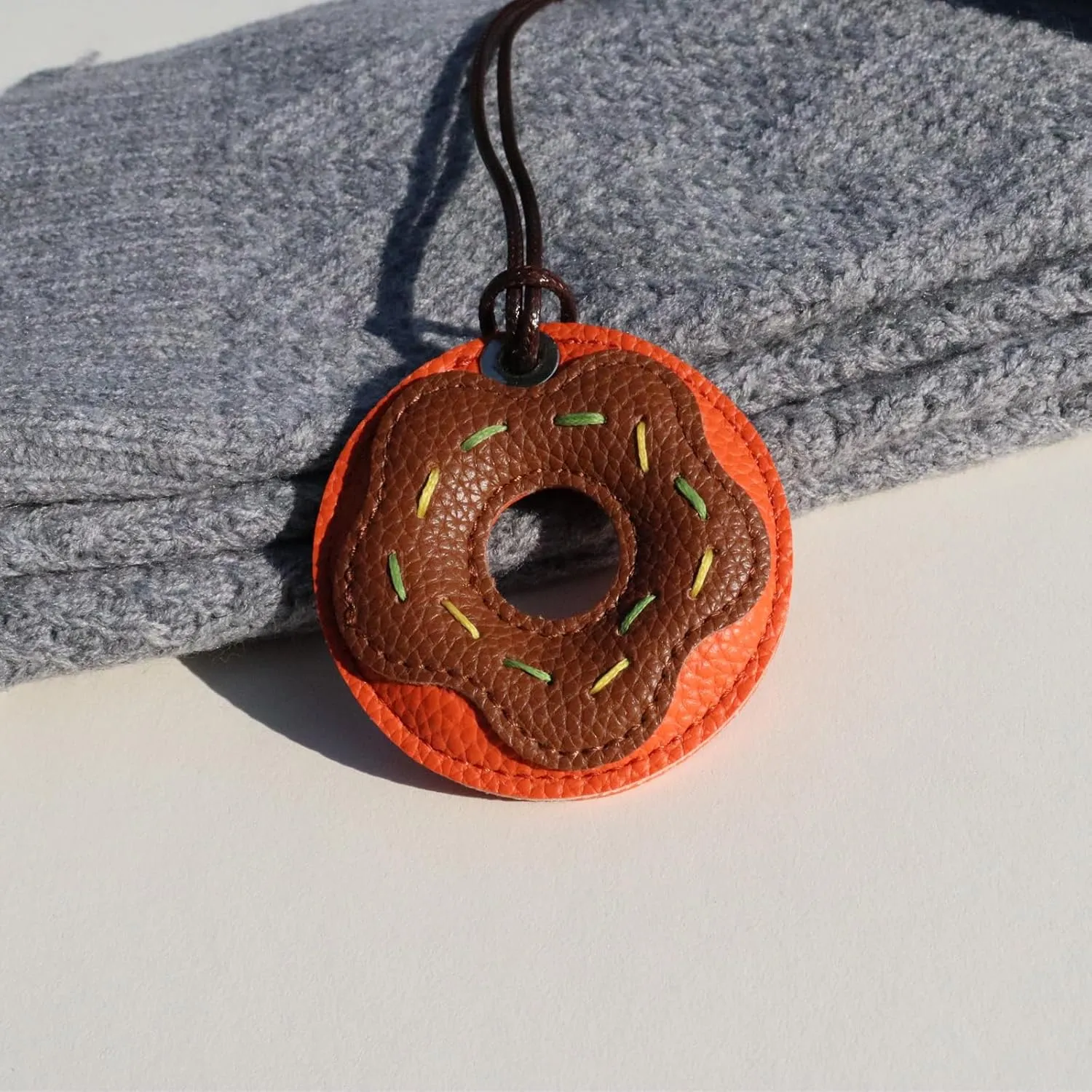 PU Leather Bag Pendant,Donut Shaped 3D Accessory,Sweet Two Tone Lychee Patterned Leather Ornament (cocoa brown)