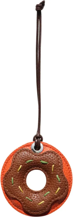 PU Leather Bag Pendant,Donut Shaped 3D Accessory,Sweet Two Tone Lychee Patterned Leather Ornament (cocoa brown)